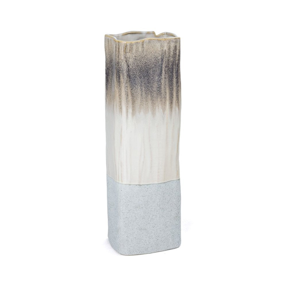 16" Brown Light Blue And Off White Color Block Square Ceramic Table Vase