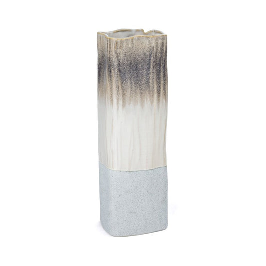 16" Brown Light Blue And Off White Color Block Square Ceramic Table Vase