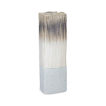 16" Brown Light Blue And Off White Color Block Square Ceramic Table Vase