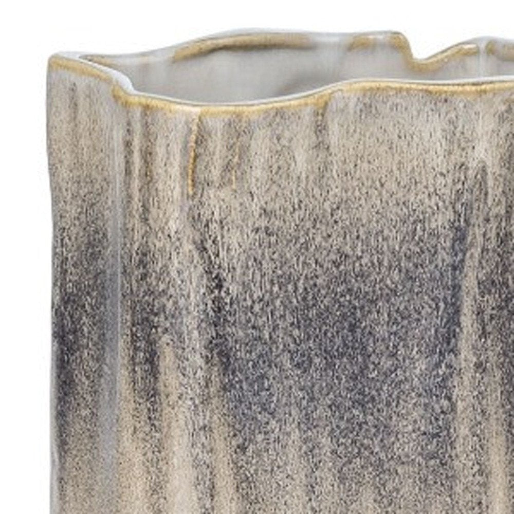 16" Brown Light Blue And Off White Color Block Square Ceramic Table Vase