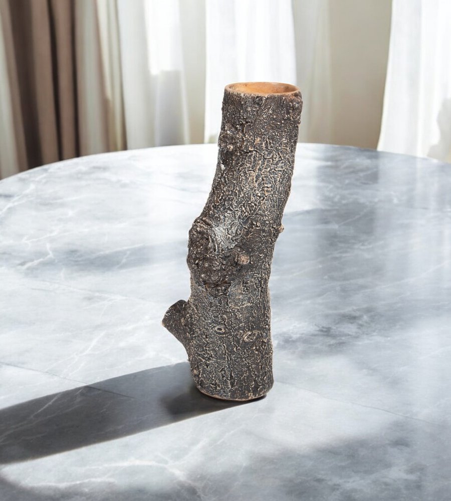 14" Brown Faux Bois Cylinder Polyresin Table Vase