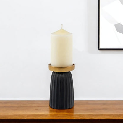 6" Black And Gold Striped Aluminum Tabletop Pillar Candle Holder