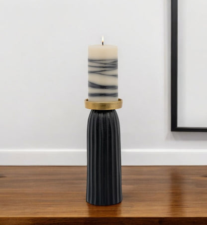 10" Black And Gold Striped Aluminum Tabletop Pillar Candle Holder