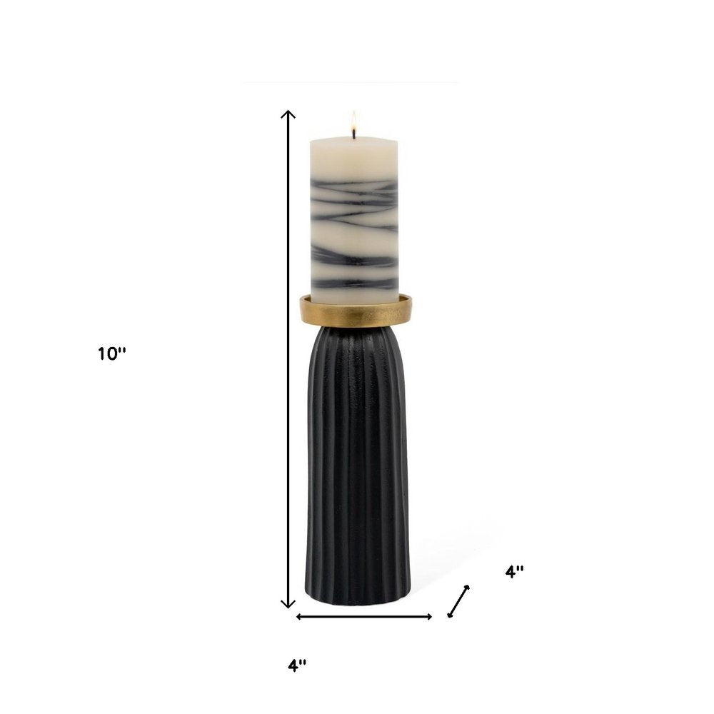 10" Black And Gold Striped Aluminum Tabletop Pillar Candle Holder