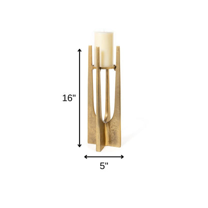16" Gold Distressed Aluminum Geometric Tabletop Pillar Candle Holder