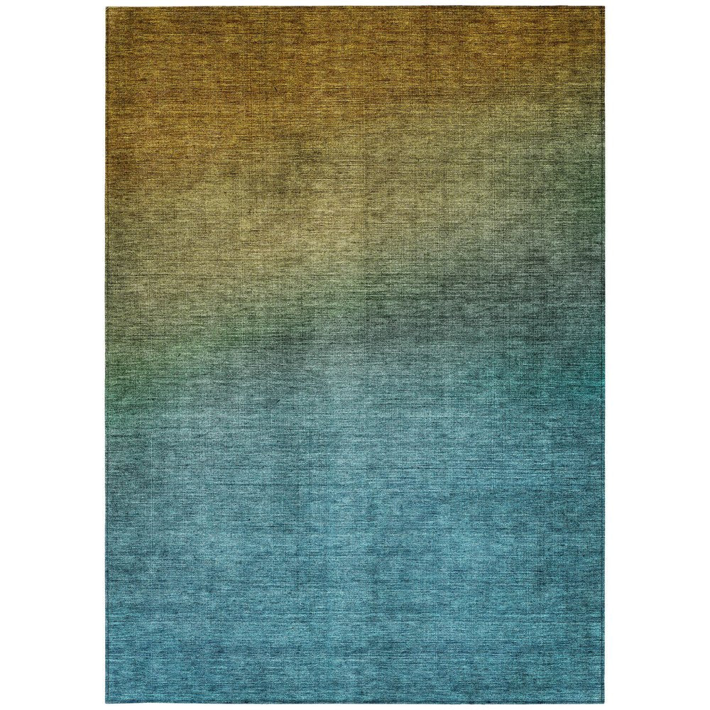 9' X 12' Brown Blue And Taupe Ombre Washable Indoor Outdoor Area Rug