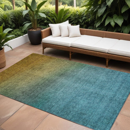 9' X 12' Brown Blue And Taupe Ombre Washable Indoor Outdoor Area Rug