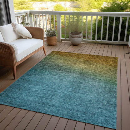 9' X 12' Brown Blue And Taupe Ombre Washable Indoor Outdoor Area Rug