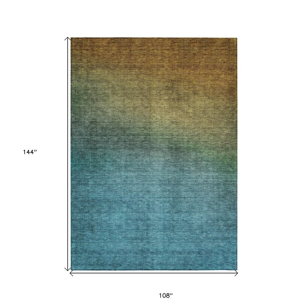 9' X 12' Brown Blue And Taupe Ombre Washable Indoor Outdoor Area Rug