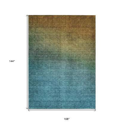 9' X 12' Brown Blue And Taupe Ombre Washable Indoor Outdoor Area Rug