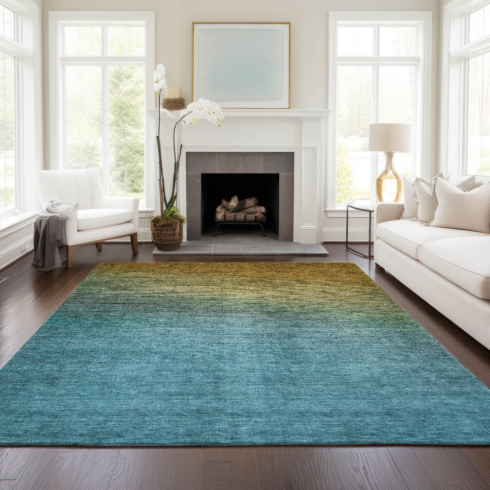 9' X 12' Brown Blue And Taupe Ombre Washable Indoor Outdoor Area Rug