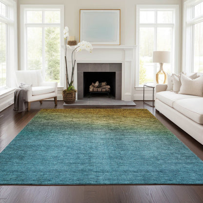 9' X 12' Brown Blue And Taupe Ombre Washable Indoor Outdoor Area Rug
