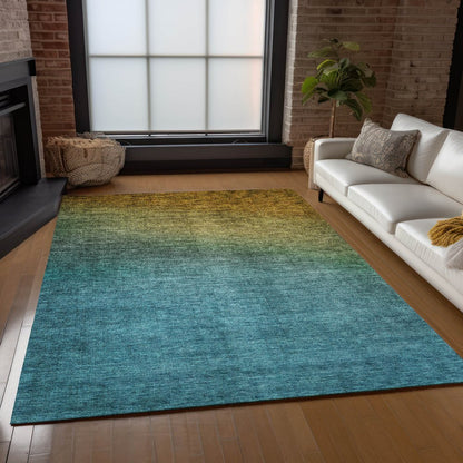 9' X 12' Brown Blue And Taupe Ombre Washable Indoor Outdoor Area Rug