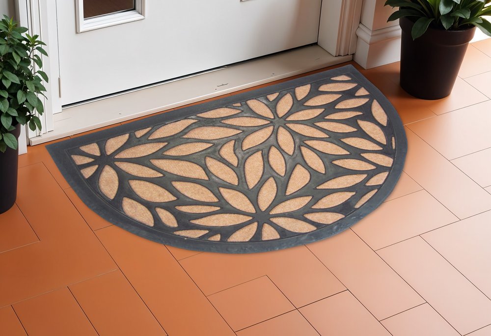 24" X 36" Black And Brown Rubber and Coir Abstract Outdoor Semi Circle Door Mat