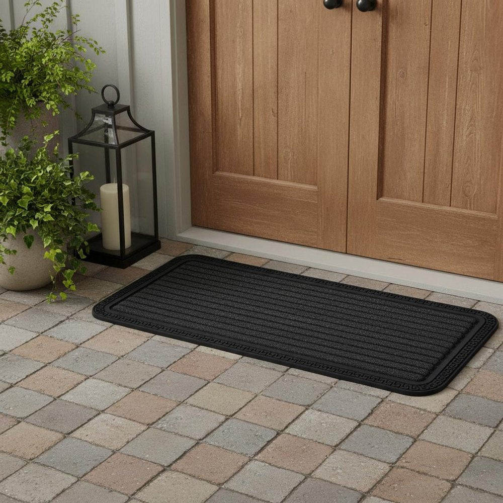 10" X 48" Gray Synthetic Fiber Striped Outdoor Door Mat