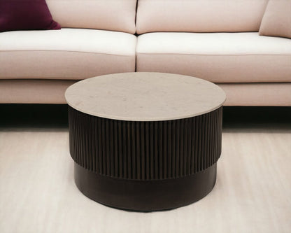 31" White And Dark Brown Genuine Marble And Solid Wood Round Drum Coffee Table