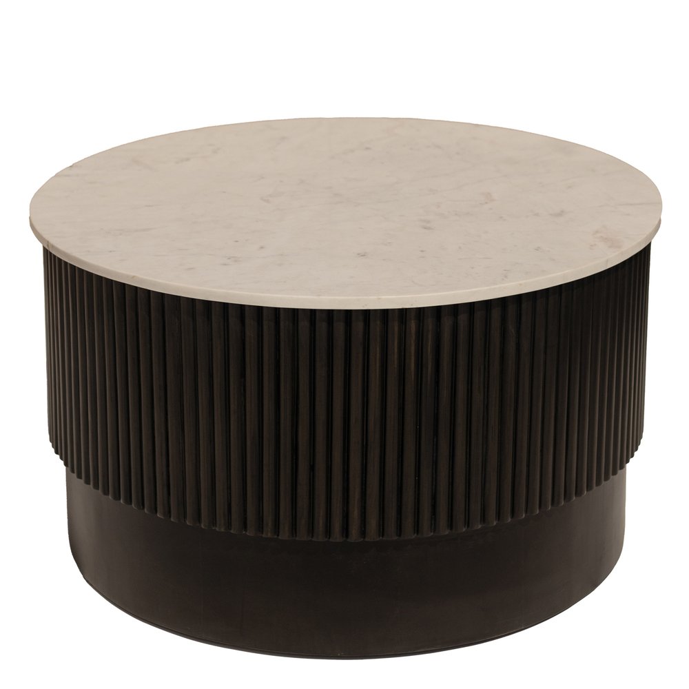 31" White And Dark Brown Genuine Marble And Solid Wood Round Drum Coffee Table