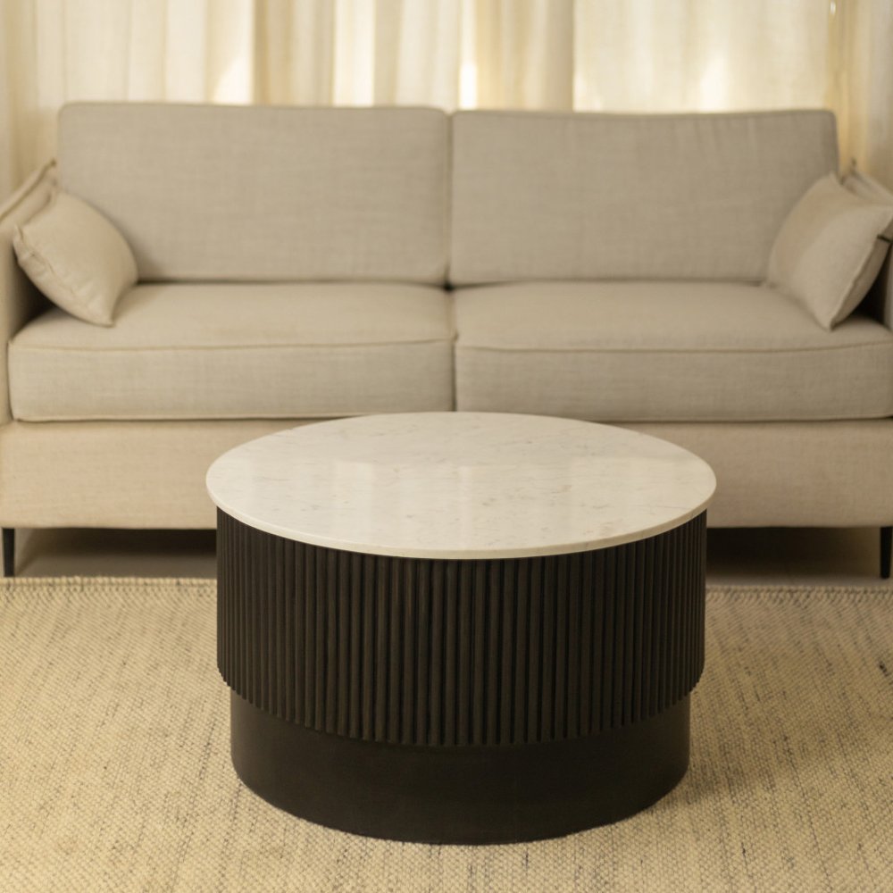 31" White And Dark Brown Genuine Marble And Solid Wood Round Drum Coffee Table