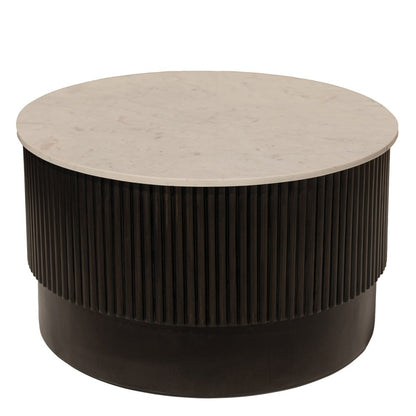 31" White And Dark Brown Genuine Marble And Solid Wood Round Drum Coffee Table