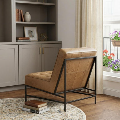 31" Cream And Black Tufted Genuine Leather And Iron Slipper Chair