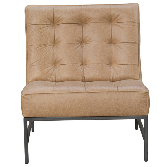 31" Cream And Black Tufted Genuine Leather And Iron Slipper Chair
