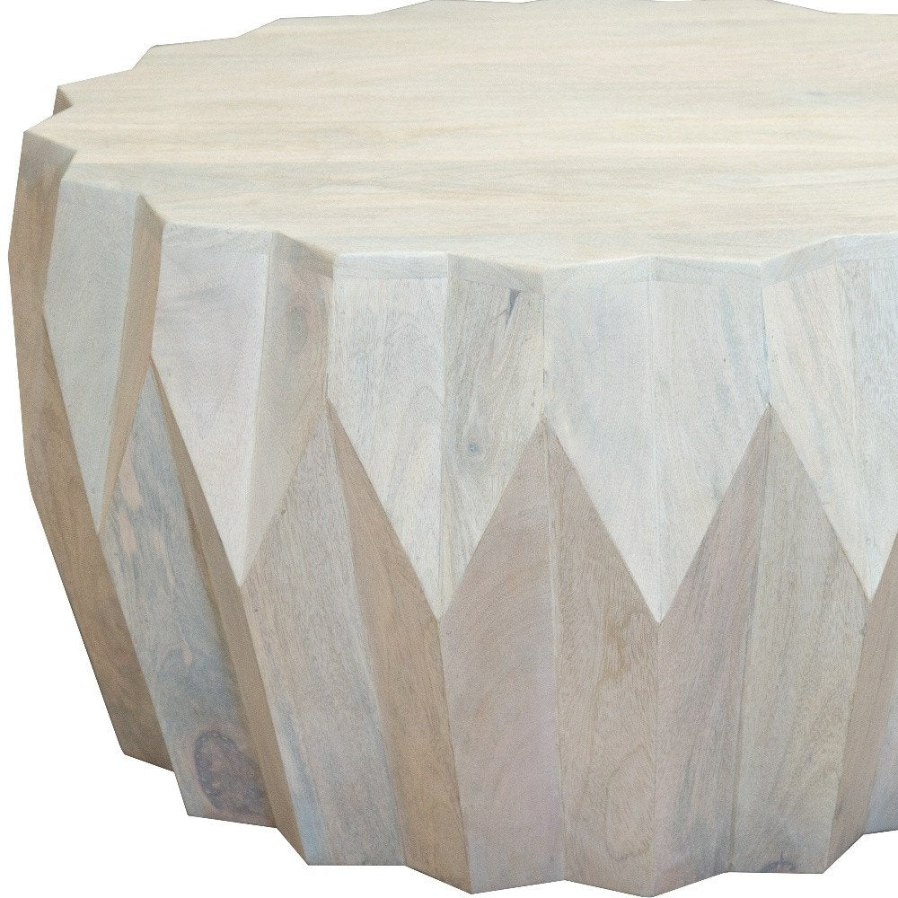 32" Off White Solid Wood Round Block Coffee Table