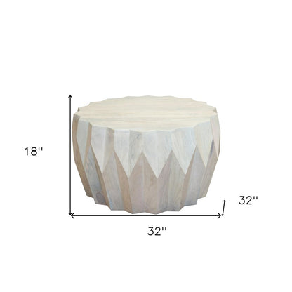 32" Off White Solid Wood Round Block Coffee Table