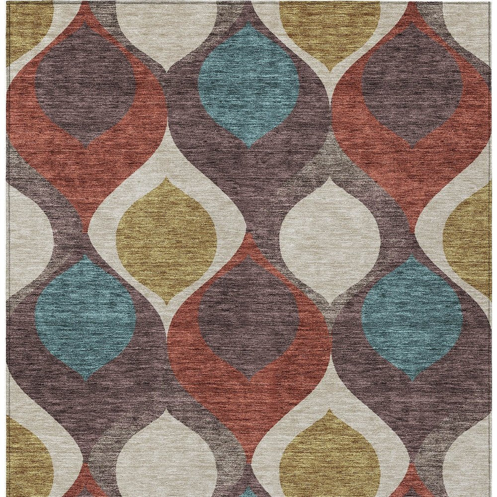 3' X 5' Brown Taupe And Teal Blue Ogee Washable Indoor Outdoor Area Rug