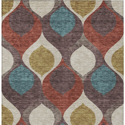 3' X 5' Brown Taupe And Teal Blue Ogee Washable Indoor Outdoor Area Rug