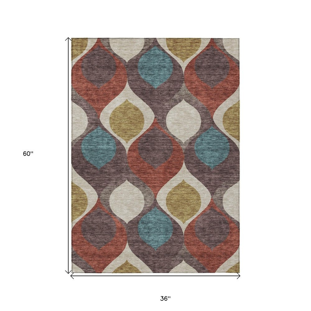 3' X 5' Brown Taupe And Teal Blue Ogee Washable Indoor Outdoor Area Rug