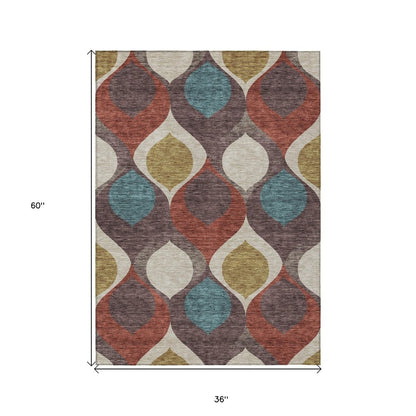3' X 5' Brown Taupe And Teal Blue Ogee Washable Indoor Outdoor Area Rug