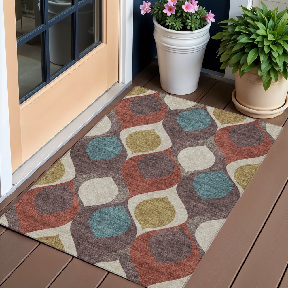 3' X 5' Brown Taupe And Teal Blue Ogee Washable Indoor Outdoor Area Rug