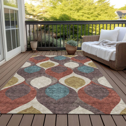 3' X 5' Brown Taupe And Teal Blue Ogee Washable Indoor Outdoor Area Rug