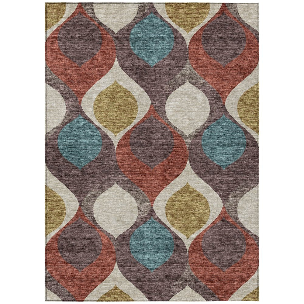 3' X 5' Brown Taupe And Teal Blue Ogee Washable Indoor Outdoor Area Rug