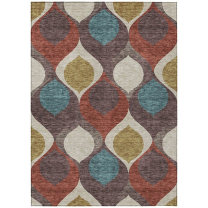 3' X 5' Brown Taupe And Teal Blue Ogee Washable Indoor Outdoor Area Rug