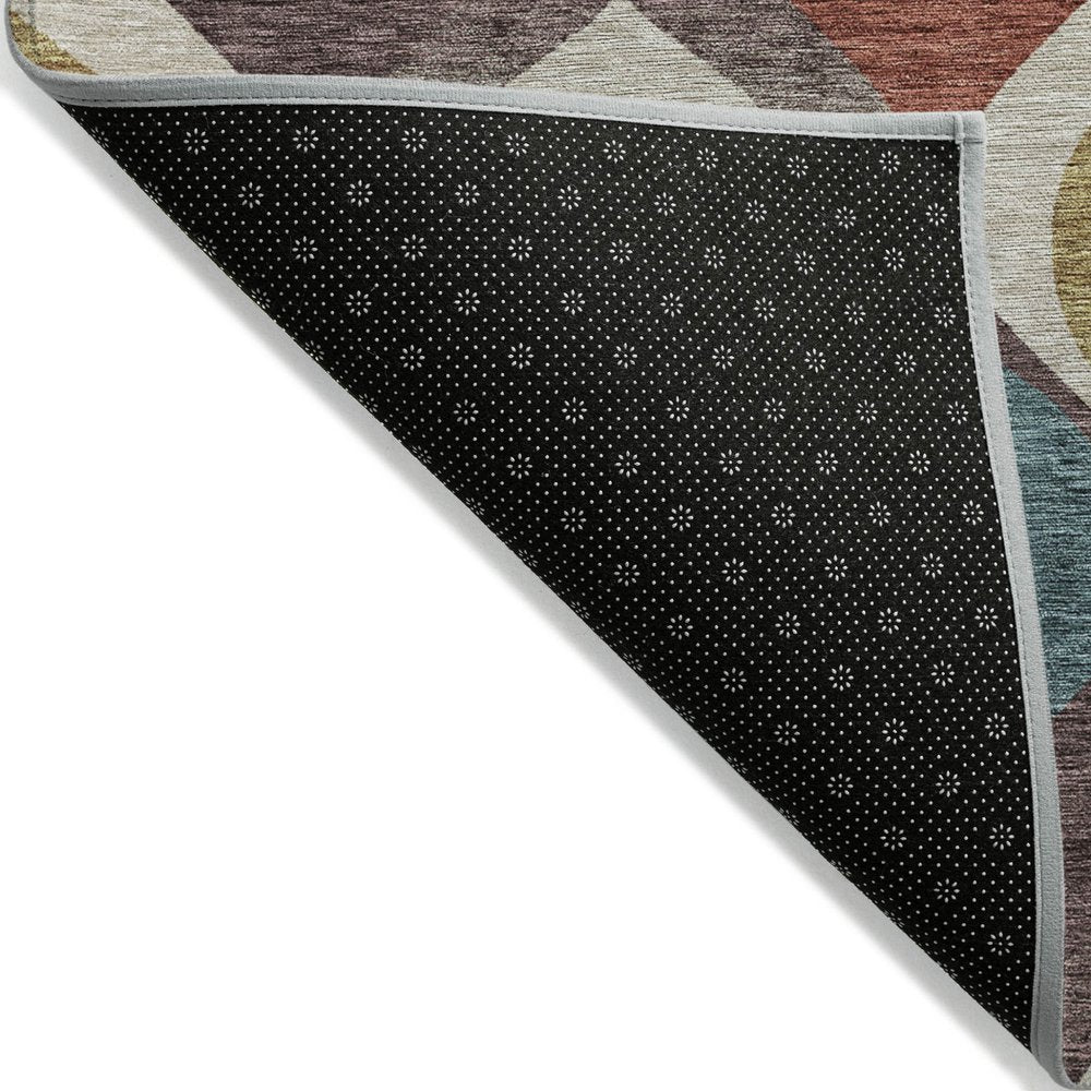 3' X 5' Brown Taupe And Teal Blue Ogee Washable Indoor Outdoor Area Rug