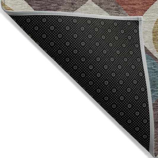 3' X 5' Brown Taupe And Teal Blue Ogee Washable Indoor Outdoor Area Rug