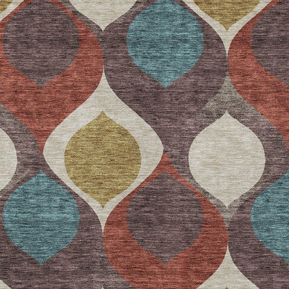 3' X 5' Brown Taupe And Teal Blue Ogee Washable Indoor Outdoor Area Rug