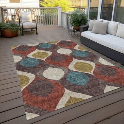3' X 5' Brown Taupe And Teal Blue Ogee Washable Indoor Outdoor Area Rug