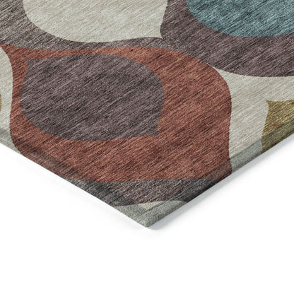 3' X 5' Brown Taupe And Teal Blue Ogee Washable Indoor Outdoor Area Rug