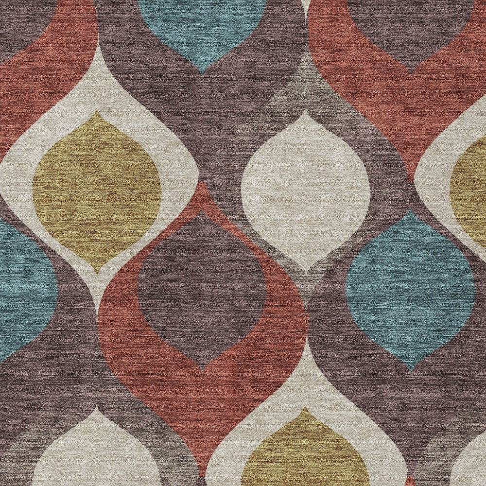 3' X 5' Brown Taupe And Teal Blue Ogee Washable Indoor Outdoor Area Rug