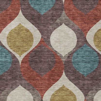 3' X 5' Brown Taupe And Teal Blue Ogee Washable Indoor Outdoor Area Rug