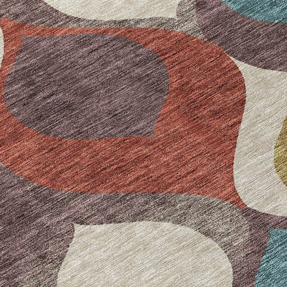 3' X 5' Brown Taupe And Teal Blue Ogee Washable Indoor Outdoor Area Rug