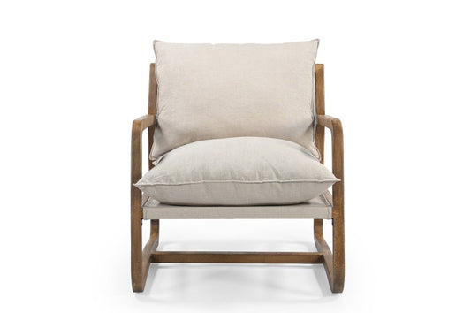 30" Beige And Natural Linen Arm Chair