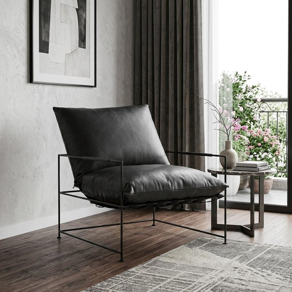 28" Black Genuine Leather Distressed Arm Chair