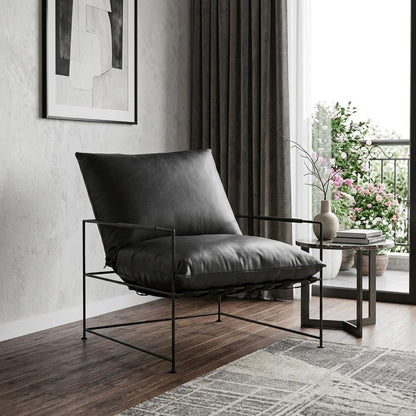 28" Black Genuine Leather Distressed Arm Chair