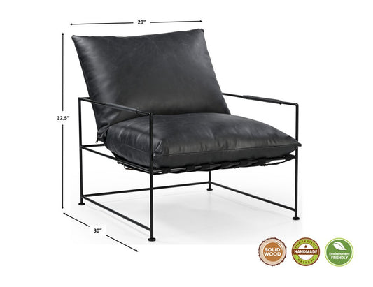 28" Black Genuine Leather Distressed Arm Chair