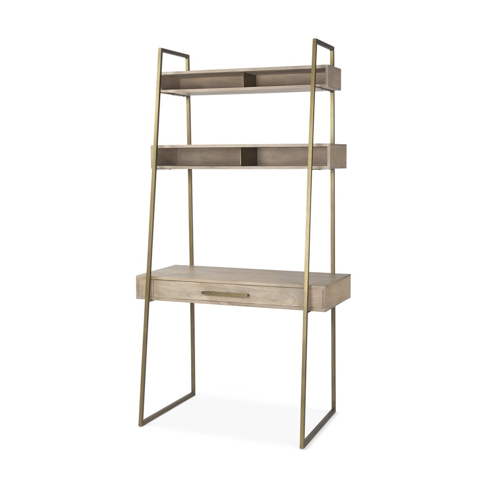 42" Brown and Gold Solid Wood and Metal Sled Ladder Desk
