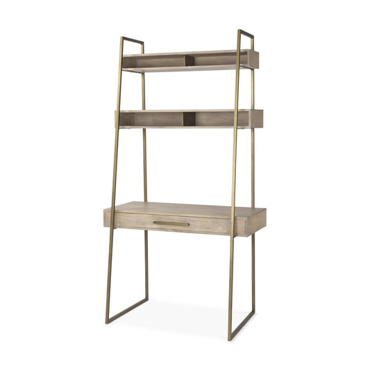 42" Brown and Gold Solid Wood and Metal Sled Ladder Desk