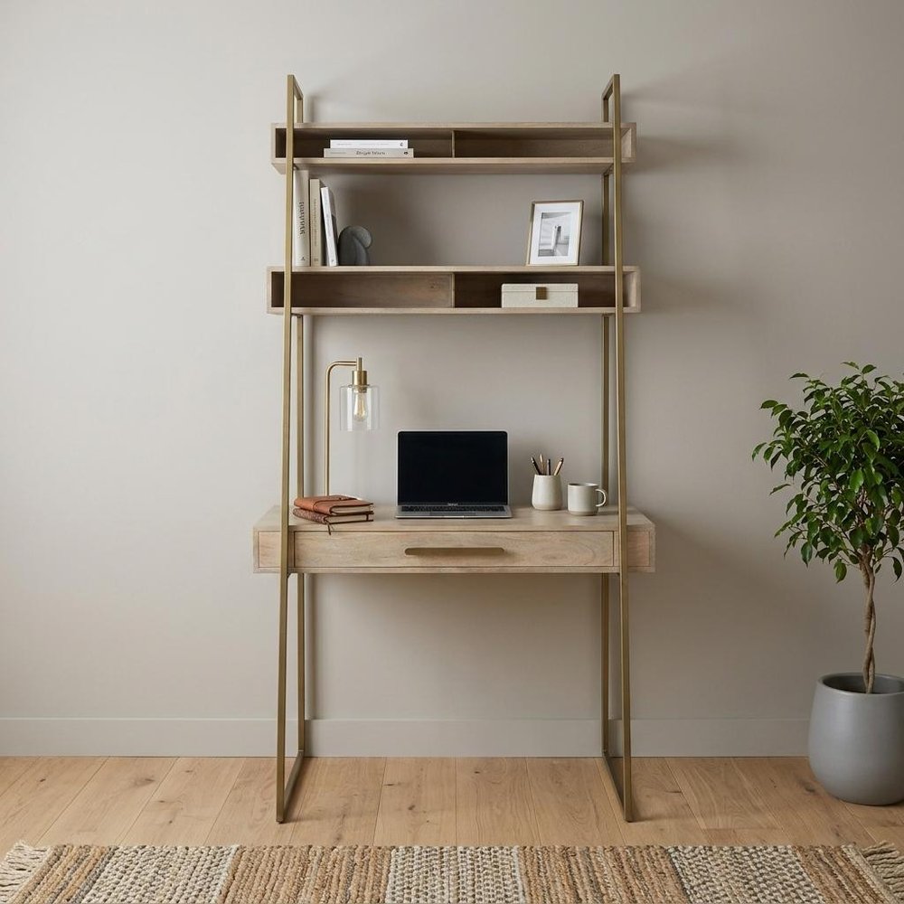 42" Brown and Gold Solid Wood and Metal Sled Ladder Desk
